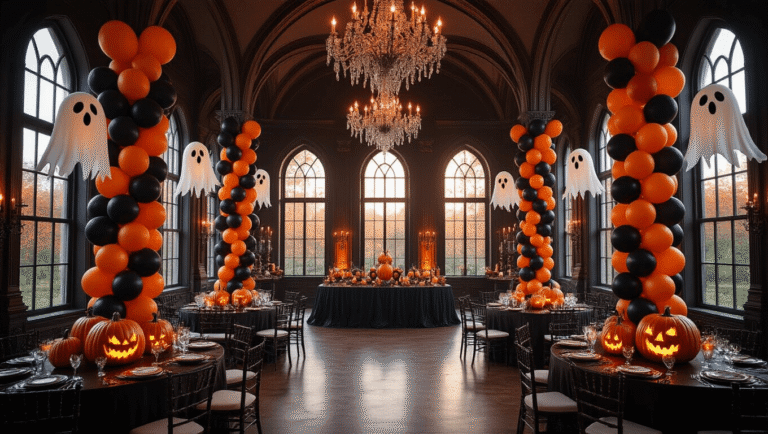 Halloween Balloons: Your Complete Guide to Spooky, Show-Stopping Party Decorations Elegant Halloween ballroom with black and orange balloon columns, gothic windows, cascading garlands, pumpkin centerpieces, flickering candles, and warm golden hour light, creating a luxurious yet spooky atmosphere.