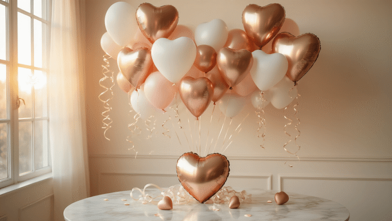 Heart Balloons That'll Make Your Celebration Actually Look Good (Not Like You Tried Too Hard) Cinematic wide shot of a romantic heart balloon arrangement in rose gold and white, with soft golden hour lighting, an organic balloon garland on a cream wall, and a marble table adorned with smaller hearts, creating an elegant, inviting atmosphere.