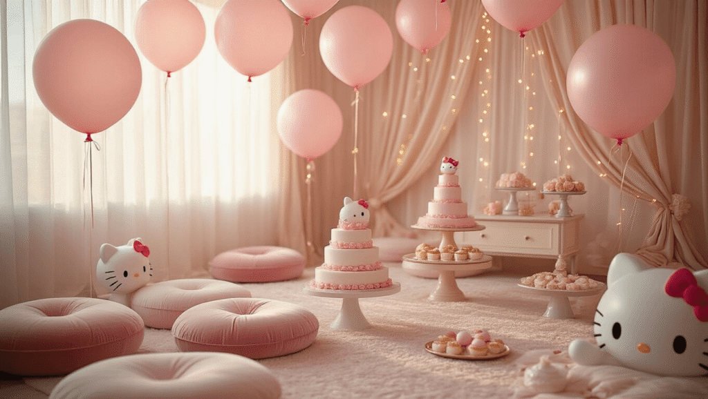 Hello Kitty Balloons: Everything You Need to Transform Your Party Into Kawaii Heaven A dreamy kawaii living room filled with oversized Hello Kitty balloons, plush pink cushions, and tiered cake displays, all illuminated by warm golden hour sunlight and shimmering fairy lights for a whimsical party atmosphere.