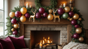 Holiday Balloons: Everything You Need to Transform Your Space This Season Cinematic overhead shot of a holiday balloon garland in burgundy, sage green, and gold draped over a rustic wooden mantel, illuminated by warm candlelight and featuring plush velvet cushions below.