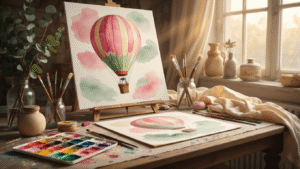 Hot Air Balloon Art: Every Creative Technique You Need to Make Something Beautiful Cinematic close-up of an elegant art studio table with hot air balloon watercolor paintings, vibrant paint palettes, fine-tip brushes, scattered oil pastels, papier-mâché sculptures, and a cream silk backdrop, all bathed in warm golden hour lighting.