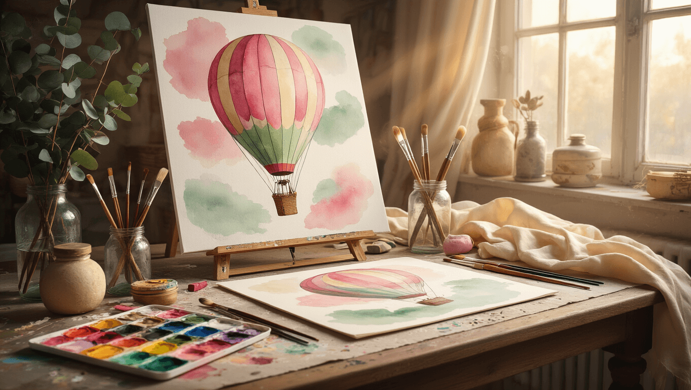 Cinematic close-up of an elegant art studio table with hot air balloon watercolor paintings, vibrant paint palettes, fine-tip brushes, scattered oil pastels, papier-mâché sculptures, and a cream silk backdrop, all bathed in warm golden hour lighting.