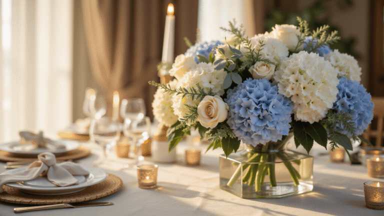 Hydrangea Wedding Decor: How to Create Stunning Arrangements Without Breaking the Bank Cinematic close-up of an elegant wedding centerpiece with white and blue hydrangeas, eucalyptus, and ivory roses in a geometric glass vase on an ivory silk tablecloth, adorned with mercury glass votive candles and fine china, bathed in warm golden hour light and surrounded by soft-focus crystal glassware and fairy lights.