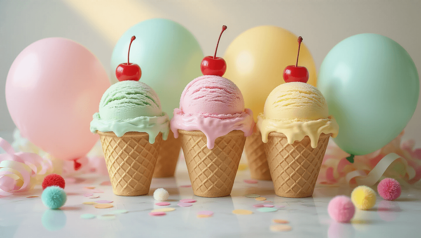 Cinematic close-up of pastel ice cream balloon decorations in waffle cones on a marble surface, with pom-pom cherries, tissue paper sprinkles, and crepe paper streamers, bathed in warm golden hour light.