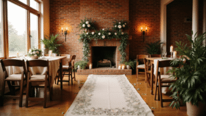 Home Wedding Decor: Transform Your Space Into a Stunning Celebration Venue Without Breaking the Bank Cinematic wide-angle shot of a cozy living room wedding ceremony with warm golden hour light, exposed brick wall adorned with eucalyptus and white roses, vintage table runner defining the aisle, ambient candles, and inviting decor elements.