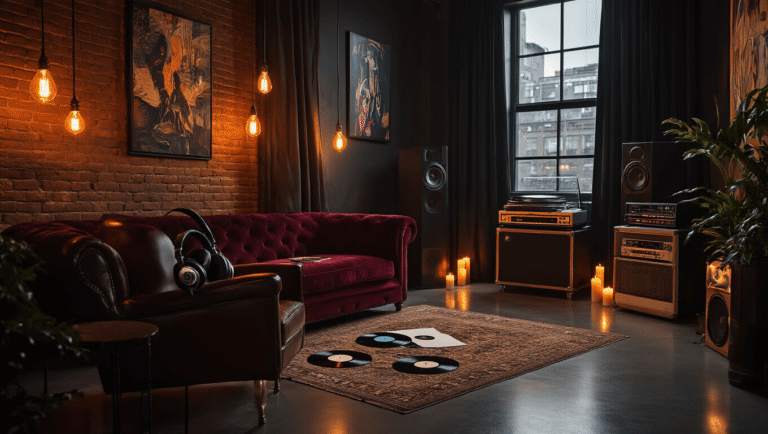 How House of Balloons Changed My Entire Relationship with R&B Music Cinematic wide shot of a dimly lit urban music sanctuary featuring vintage equipment, plush burgundy seating, and warm amber lighting, creating an intimate atmosphere perfect for late-night alternative R&B listening.