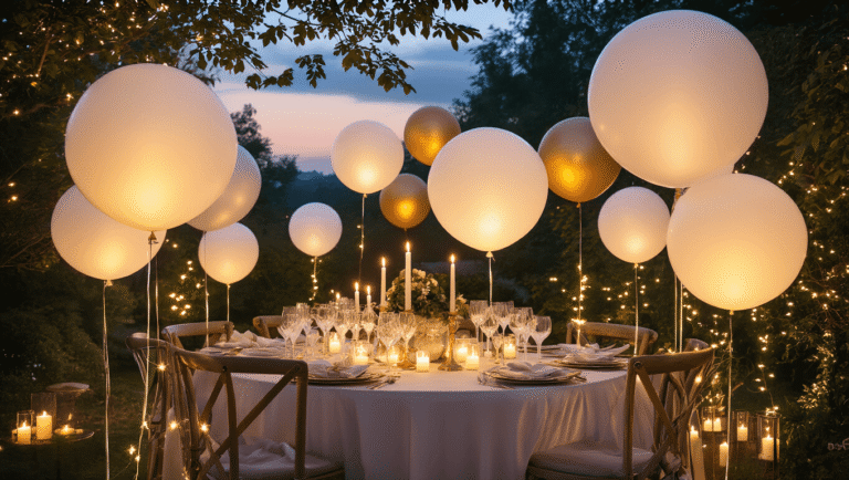 LED Balloons: Everything I Learned About These Glowing Party Game-Changers Cinematic wide-angle view of an enchanting garden party decorated with glowing LED balloons in soft white and warm gold, featuring an elegant table setup, fairy lights in trees, and a romantic candlelit atmosphere against lush greenery.