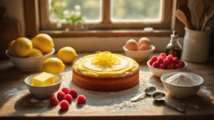 Lemon Raspberry Cake That'll Make You Look Like a Proper Baker Overhead view of a rustic wooden kitchen counter with ingredients for lemon raspberry cake, including butter, lemons, raspberries, flour, eggs, and vanilla extract, illuminated by warm afternoon sunlight, creating a cozy baking atmosphere.