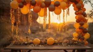 Why Lion King Balloons Turn Any Party Into Pride Rock (And How to Use Them Without Looking Like an Amateur) Cinematic close-up of a Lion King themed party setup with cascading balloon garland in sunset colors, shimmering Simba mylar balloons, warm side lighting casting shadows on a rustic table, fairy lights creating a bokeh effect, and rich textures of deflated balloons, evoking the golden hour atmosphere of Pride Rock.