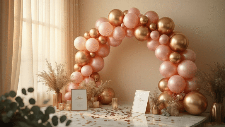 Balloon Backgrounds: The Ultimate Guide to Finding and Using Festive Designs That Actually Work Cinematic wide-angle shot of a luxurious balloon backdrop in gold, rose gold, and blush pink against a cream wall, with warm golden hour lighting, rich velvet foreground textures, scattered confetti, and inviting design materials on a marble surface.