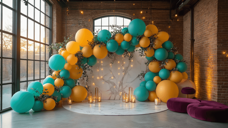 Why 2025 Balloon Trends Are Making Me Rethink Everything I Knew About Party Decor Cinematic overhead view of a luxurious balloon installation with cascading teal and mustard yellow biodegradable balloons, organic clusters of woven eucalyptus and roses, LED backlighting, and a warm candlelit ambiance against marble and exposed brick backgrounds.