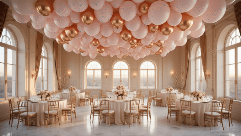 Ceiling Balloons: Transform Your Space From Boring to Breathtaking in Minutes Cinematic wide-angle view of an elegant ballroom adorned with blush pink and rose gold balloon ceiling, featuring round tables with silk ivory linens and gold chiavari chairs under a dreamy balloon canopy, illuminated by warm golden hour light and soft LED glows.