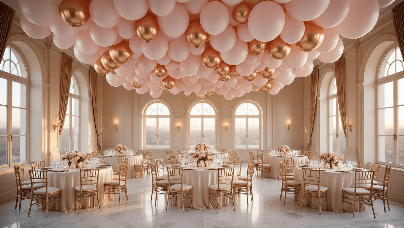 Cinematic wide-angle view of an elegant ballroom adorned with blush pink and rose gold balloon ceiling, featuring round tables with silk ivory linens and gold chiavari chairs under a dreamy balloon canopy, illuminated by warm golden hour light and soft LED glows.