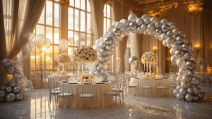 Silver Balloons: Everything You Need to Transform Your Party Space Cinematic wide-angle shot of an elegant ballroom decorated with ivory silk tables, silver charger plates, and cascading silver foil balloon centerpieces, featuring disco ball balloons and a dramatic ombre balloon arch, all illuminated by warm amber light.