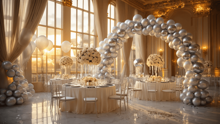 Silver Balloons: Everything You Need to Transform Your Party Space Cinematic wide-angle shot of an elegant ballroom decorated with ivory silk tables, silver charger plates, and cascading silver foil balloon centerpieces, featuring disco ball balloons and a dramatic ombre balloon arch, all illuminated by warm amber light.