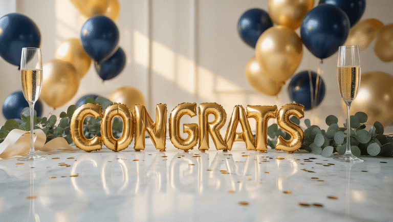 Congratulations Balloons: Everything You Need to Know About Celebrating Life's Big Wins Cinematic close-up of a luxurious congratulations balloon arrangement featuring gold and navy foil balloons with "CONGRATS" lettering, silk ribbon cascades, and eucalyptus sprigs on a white marble surface, accented by champagne flutes and confetti, all bathed in warm golden hour lighting.