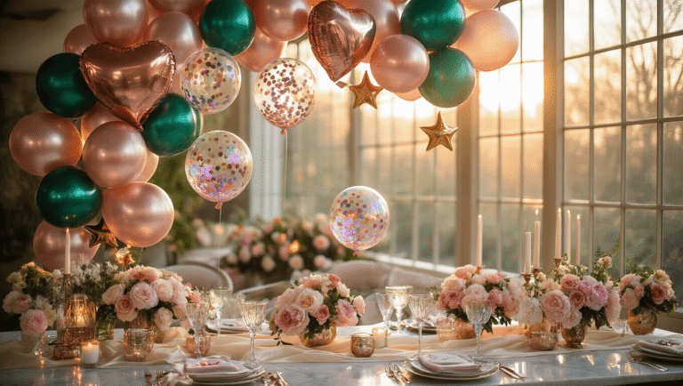What Kind of Balloons Float: Your Complete Guide to Choosing the Right Party Balloons Cinematic overhead shot of an elegant party balloon arrangement with metallic mylar heart and star balloons, iridescent bubble balloons, and reflective orbz spheres above marble surfaces, illuminated by warm golden hour light, showcasing rich jewel tones against ivory silk and crystal glassware in a softly focused background setting.