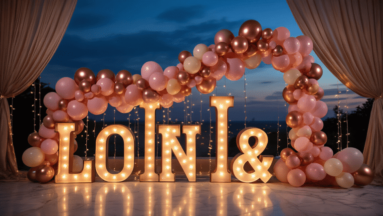 Marquee Letters With Balloons: The Party Décor That'll Make Your Guests Stop and Stare Cinematic shot of 3-foot tall illuminated marquee letters adorned with cascading blush pink and rose gold balloon garlands, set against a deep navy evening sky, with fairy lights twinkling amidst the luxurious party setup featuring silk draping and crystal accents.