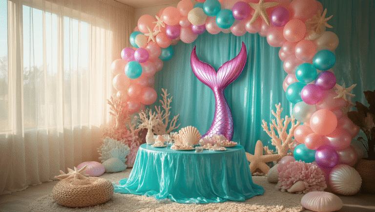Mermaid Balloons: Everything You Need to Know About Creating an Underwater Paradise Cinematic wide shot of a vibrant mermaid-themed party setup featuring iridescent balloons, coral arrangements, and a dreamy underwater atmosphere with soft natural light.
