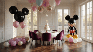 Every Mickey Mouse Balloon Option You Need to Know (Because Your Kid's Party Depends On It) Elegant living room transformed for a Mickey Mouse birthday party, featuring black foil Mickey head balloons, pastel mouse-shaped balloons on hardwood floors, a beautifully set dining table with a tiered birthday cake centerpiece, jewel-toned velvet chairs, and warm golden hour lighting creating a magical atmosphere with fairy lights and flickering candles.