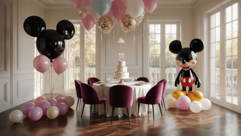 Every Mickey Mouse Balloon Option You Need to Know (Because Your Kid's Party Depends On It) Elegant living room transformed for a Mickey Mouse birthday party, featuring black foil Mickey head balloons, pastel mouse-shaped balloons on hardwood floors, a beautifully set dining table with a tiered birthday cake centerpiece, jewel-toned velvet chairs, and warm golden hour lighting creating a magical atmosphere with fairy lights and flickering candles.