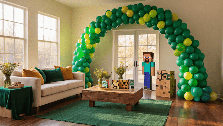 Minecraft Balloons: Everything You Need to Know About Virtual and Real Party Decorations A vibrant Minecraft-themed birthday party in a modern living room, featuring an emerald and sapphire balloon arch, pixelated decorations, warm sunlight, and cozy ambiance with rich wooden floors and floral arrangements.