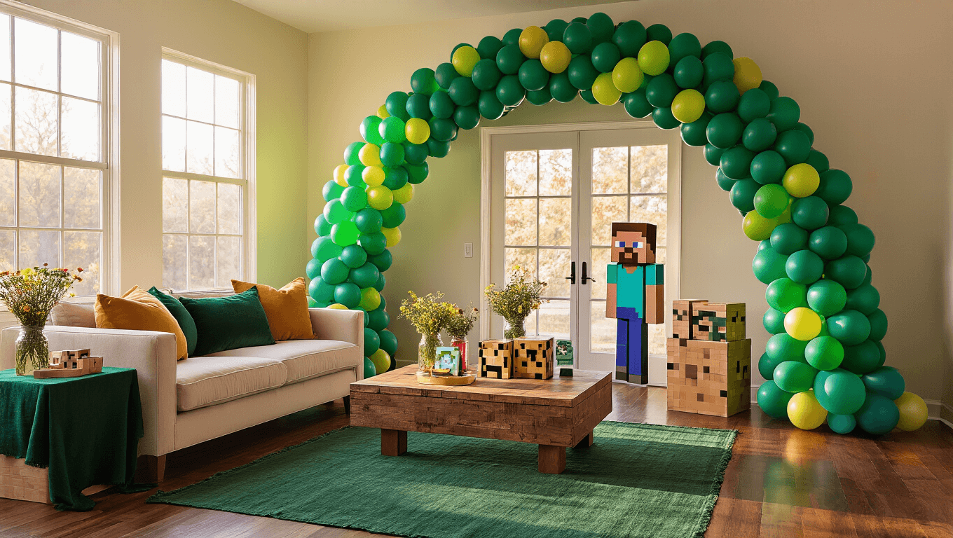 A vibrant Minecraft-themed birthday party in a modern living room, featuring an emerald and sapphire balloon arch, pixelated decorations, warm sunlight, and cozy ambiance with rich wooden floors and floral arrangements.