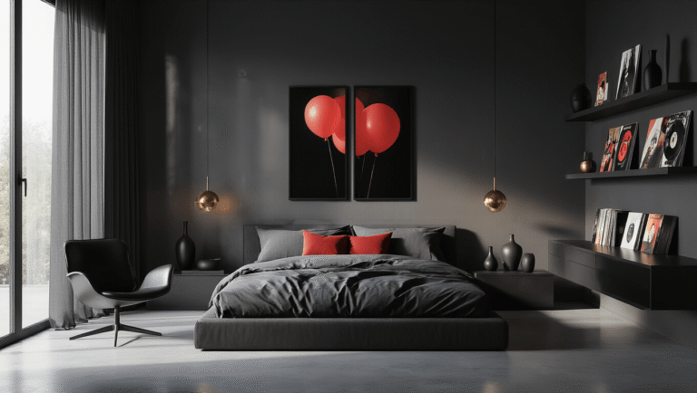 Transform Your Screen with House of Balloons Wallpapers: A Fan's Complete Guide A minimalist modern bedroom featuring House of Balloons artwork in black frames on charcoal walls, with soft morning light, a low platform bed with charcoal linen and deep red pillows, polished concrete floors, a black leather chair, vinyl collection on floating shelves, and atmospheric lighting creating dramatic shadows.