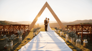 Elegant Minimalist Wedding Decor: How to Create a Stunning Celebration with Less A minimalist wedding ceremony featuring a geometric wooden arch at golden hour, surrounded by eucalyptus-lined aisles and softly illuminated by warm sunlight.