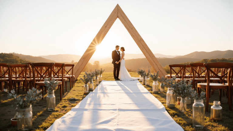 Elegant Minimalist Wedding Decor: How to Create a Stunning Celebration with Less A minimalist wedding ceremony featuring a geometric wooden arch at golden hour, surrounded by eucalyptus-lined aisles and softly illuminated by warm sunlight.