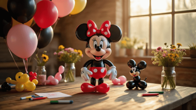 Minnie Mouse Balloons: Everything You Need to Know About Creating Magic at Your Party Close-up of hands twisting black and red 260 balloons into a Minnie Mouse shape on a rustic oak table, surrounded by uninflated balloons, colorful markers, completed balloon animals, and mason jars with wildflowers, illuminated by warm golden hour light.