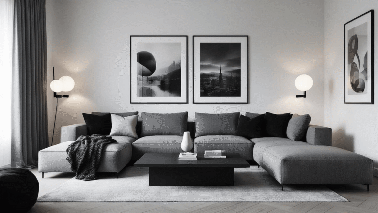 How to Bring the House of Balloons Aesthetic Into Your Home (Without Looking Like You Raided a Record Store) Cinematic wide-angle view of a moody monochrome living room with a gray sectional sofa, layered textiles, a matte coffee table, black-and-white photography, diffused lighting, sheer curtains, brushed steel accents, bold typography art, and a minimalist aesthetic, showcasing soft shadows and a pewter color palette.