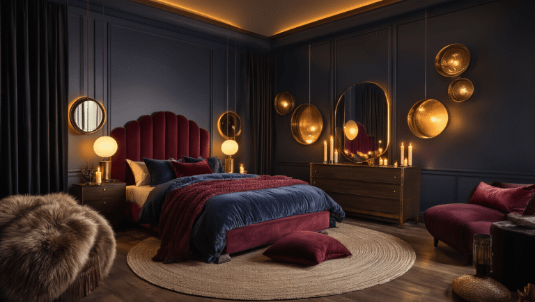 How I Transformed My Bedroom Into a Moody, Balloons-Inspired Sanctuary (And You Can Too) Cinematic wide-angle shot of a moody bedroom sanctuary with a navy accent wall, burgundy velvet headboard, and warm amber lighting, featuring layered textures, flickering candles, and an intimate atmosphere.
