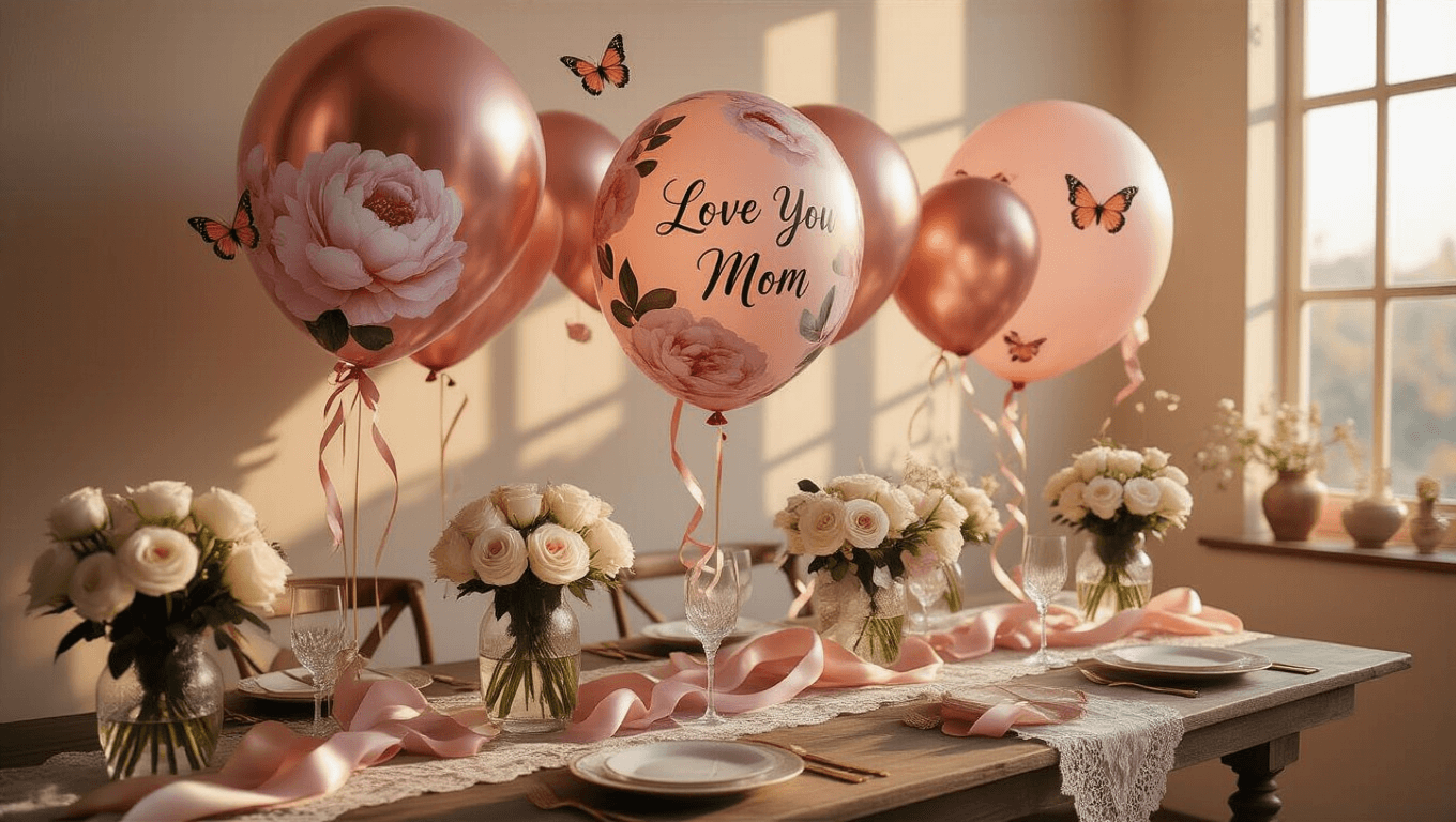 Cinematic Mother's Day celebration featuring elegant blush pink and rose gold balloons, delicate peony prints, and "Love You Mom" lettering, illuminated by warm golden hour sunlight, with crystal vases of white roses and rustic wooden table accents.