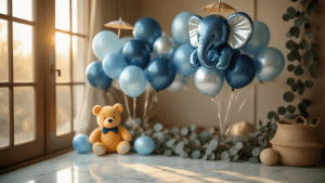 Baby Boy Balloons: Everything You Need to Know About Decorating for Your Little Prince Cinematic close-up of a baby boy balloon arrangement with navy blue and silver elephant balloons, pastel blue latex balloons, and eucalyptus garlands, set in a cozy nursery with warm golden hour lighting and soft shadows.