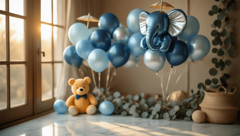 Baby Boy Balloons: Everything You Need to Know About Decorating for Your Little Prince Cinematic close-up of a baby boy balloon arrangement with navy blue and silver elephant balloons, pastel blue latex balloons, and eucalyptus garlands, set in a cozy nursery with warm golden hour lighting and soft shadows.
