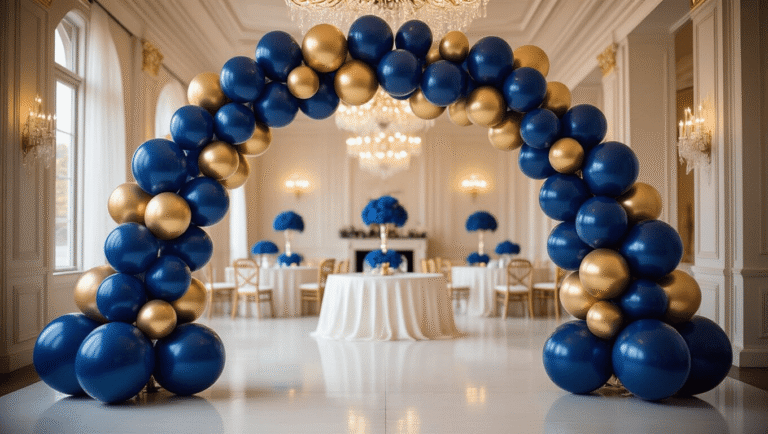 Blue Balloons: Everything You Need to Transform Your Space Into a Celebration Elegant navy blue and gold balloon arch in a sophisticated ballroom, featuring varied sizes of glossy latex balloons and metallic foil accents, highlighted by soft ambient lighting and luxurious decor.