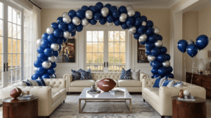 Football Balloons: Everything You Need to Know About These Game Day Must-Haves Elegant Super Bowl party setup in a living room featuring a navy blue and silver balloon arch, chrome-weighted football balloons, a marble food table, cream leather sectional seating, and warm golden hour lighting.