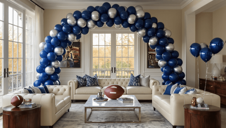 Football Balloons: Everything You Need to Know About These Game Day Must-Haves Elegant Super Bowl party setup in a living room featuring a navy blue and silver balloon arch, chrome-weighted football balloons, a marble food table, cream leather sectional seating, and warm golden hour lighting.