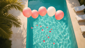 Pool Balloons: Everything You Need to Know About Floating Party Decor That Actually Stays Put Cinematic overhead shot of a turquoise backyard pool at golden hour with oversized blush pink, coral, and white balloons floating on the water, surrounded by lush landscaping and white outdoor furniture.