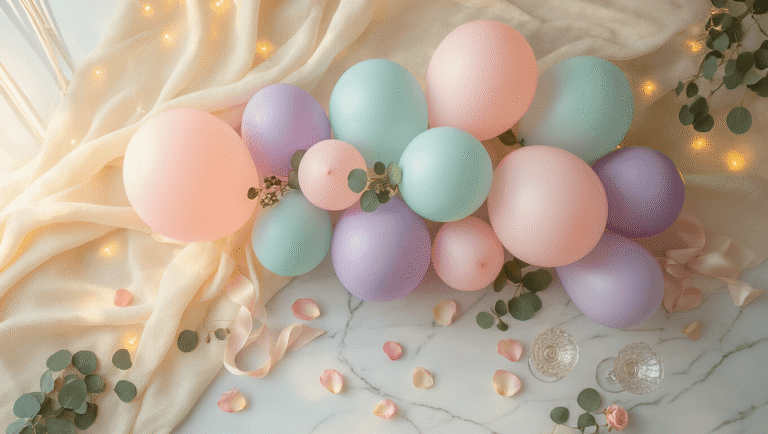 Pastel Balloons Are My Secret Weapon for Creating Dream-Worthy Celebrations Without Breaking the Bank Cinematic overhead view of a dreamy pastel balloon arrangement in soft blush pink, powder blue, and lavender on a white marble surface, with eucalyptus sprigs, rose petals, and silk ribbon, all illuminated by warm golden hour light.