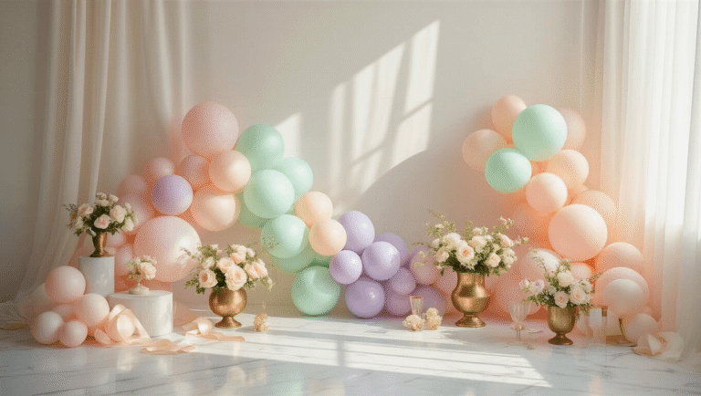 Pastel Balloons: Everything You Need to Know About These Dreamy Party Decorations Cinematic wide-angle shot of an elegant party setup with pastel balloons in various soft colors, delicate floral arrangements, and warm lighting, all set against a clean white background.