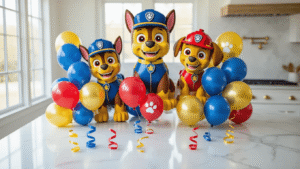 Where to Buy Paw Patrol Balloons: Every Format, Size, and Shopping Spot You Need to Know Cinematic overhead shot of a marble kitchen countertop adorned with elegant Paw Patrol balloon arrangement, featuring jumbo Chase and Marshall foil balloons alongside navy blue, crimson red, and golden yellow latex balloons, accented with white paw print latex balloons, all under soft morning light.