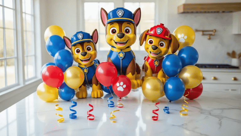 Where to Buy Paw Patrol Balloons: Every Format, Size, and Shopping Spot You Need to Know Cinematic overhead shot of a marble kitchen countertop adorned with elegant Paw Patrol balloon arrangement, featuring jumbo Chase and Marshall foil balloons alongside navy blue, crimson red, and golden yellow latex balloons, accented with white paw print latex balloons, all under soft morning light.