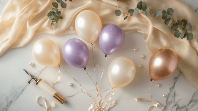 Pearl Balloons: Everything You Need to Know About These Elegant Party Essentials Cinematic overhead view of elegant pearl balloons in cream, lavender, and rose gold on a white marble surface, enhanced by soft golden hour lighting, balloon pump, silk ribbon curls, and eucalyptus sprigs, creating a warm and inviting atmosphere.