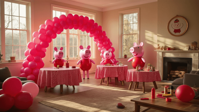 Peppa Pig Balloons: Everything You Need to Turn Your Party Into Peppaville Cinematic view of a festive living room decorated for a Peppa Pig-themed balloon party, featuring vibrant pink and red balloons, gingham tablecloths, balloon sculptures, and warm golden hour lighting creating a cozy atmosphere.
