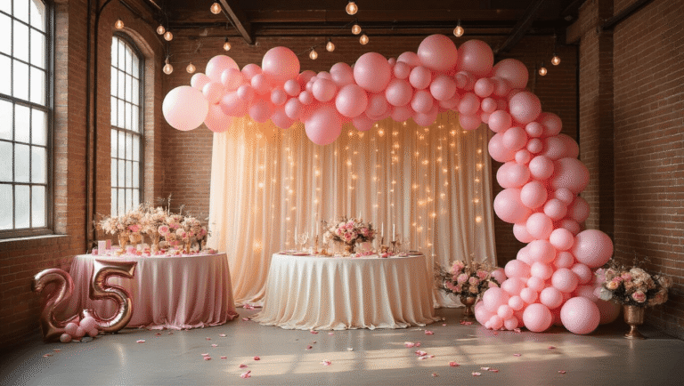 Pink Balloons: Everything You Need to Know About Choosing, Using, and Creating Magic Cinematic wide shot of an elegant party setup with cascading pink balloon garland, rose gold accents, and soft golden hour lighting in a luxurious ballroom.
