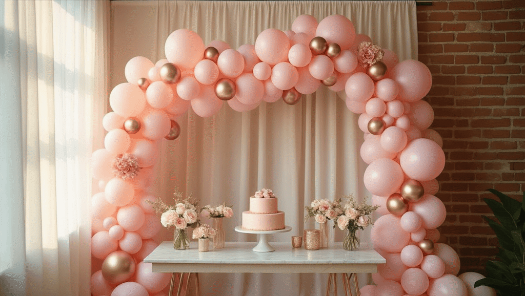 Pink Balloon Aesthetics: How I Finally Cracked the Code to Dreamy Party Decor Elegant party setup with a cascading pink balloon garland, metallic foil accents, and cream balloons draping over a marble dessert table, softly lit by golden hour light filtering through sheer curtains, creating an inviting atmosphere with delicate floral accents and warm uplighting against exposed brick walls.