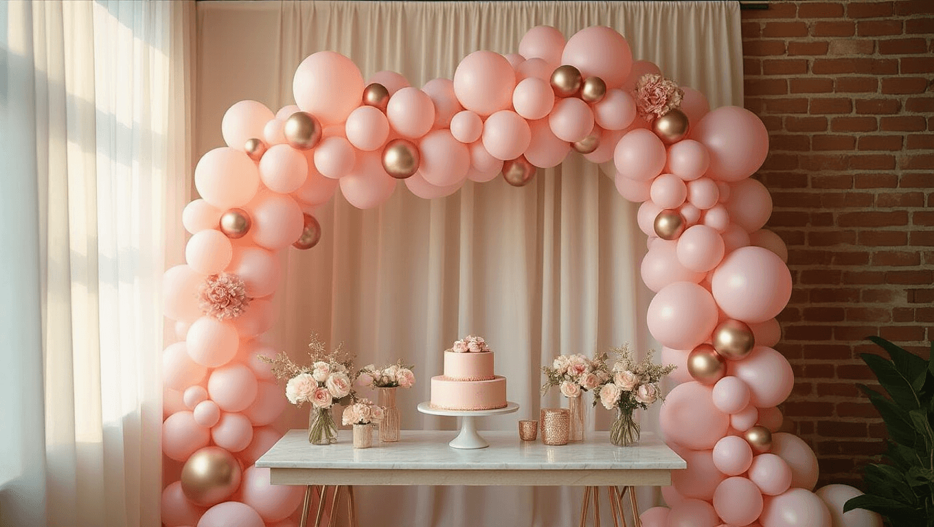 Elegant party setup with a cascading pink balloon garland, metallic foil accents, and cream balloons draping over a marble dessert table, softly lit by golden hour light filtering through sheer curtains, creating an inviting atmosphere with delicate floral accents and warm uplighting against exposed brick walls.