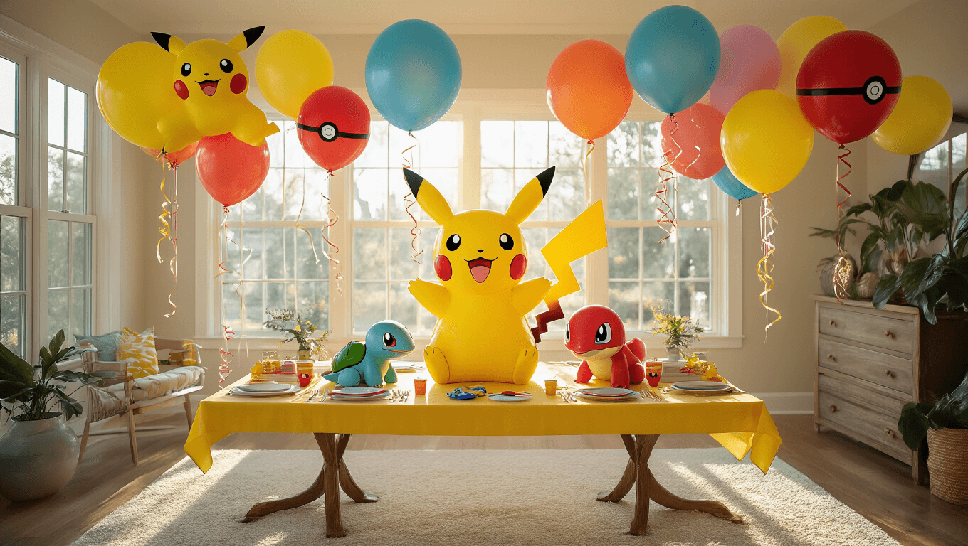 Cinematic wide-angle shot of a sunlit living room filled with vibrant Pokémon-themed mylar balloons, including Pikachu, Charmander, Squirtle, and Bulbasaur, along with glossy Pokéball balloons and colorful ribbons, set up with a modern party table and a life-sized Pikachu centerpiece, creating a magical childhood wonderland atmosphere.